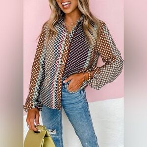 Polka Dot Patchwork Blouse - Brown and Blue